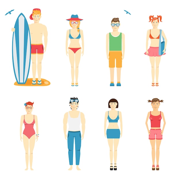 Vector gratuito conjunto de vector colorido de personajes de niño y niña en ropa de verano y trajes de baño para la playa con una tabla de surf y bodyboard