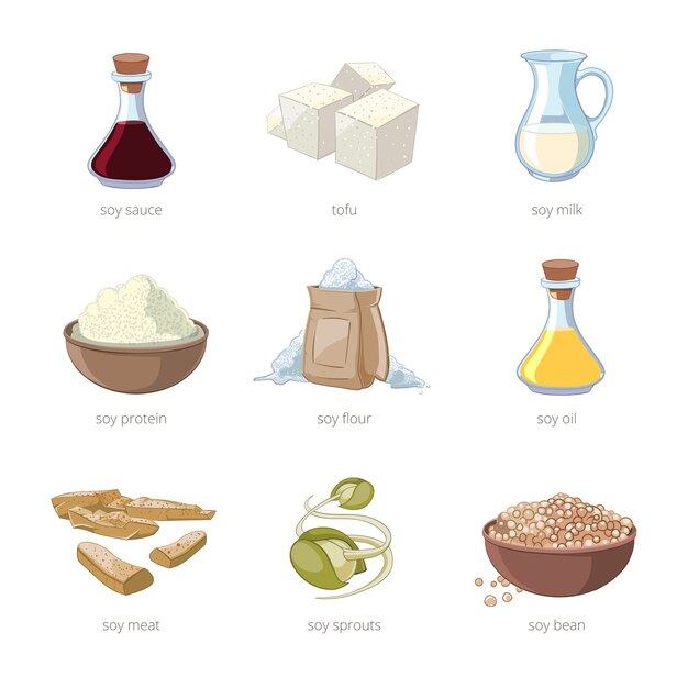 Conjunto de vector de comida de soja de dibujos animados. Dieta saludable, semillas de soja, tofu y leche, juego de soja orgánica vegana