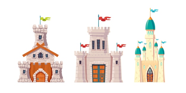 Vector gratuito conjunto de vector de dibujos animados de castillos de cuento de hadas medieval