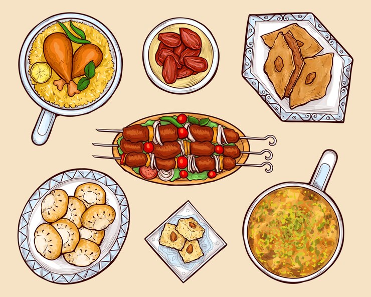 Vector gratuito conjunto de vector de dibujos animados de platos de cocina oriental