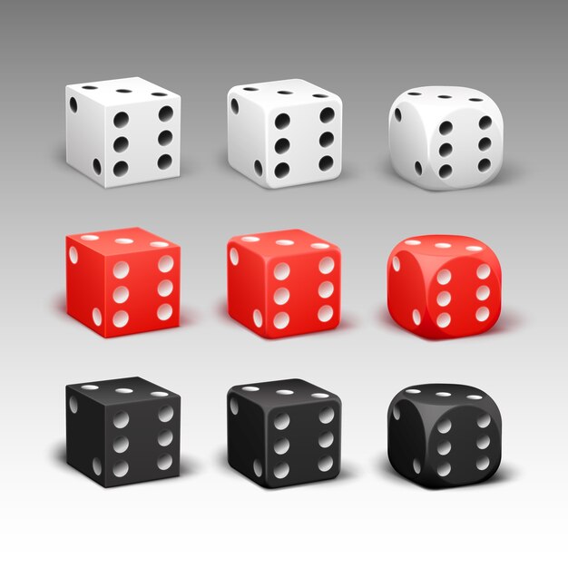 Conjunto de vector de diferentes dados rectangulares, redondeados rojos, negros, blancos aislados en el fondo