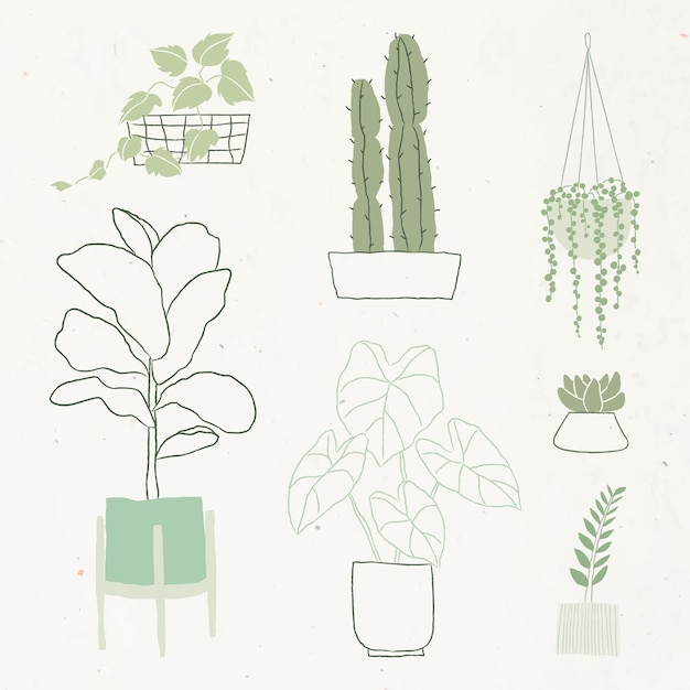 Vector gratuito conjunto de vector de doodle de planta de interior simple