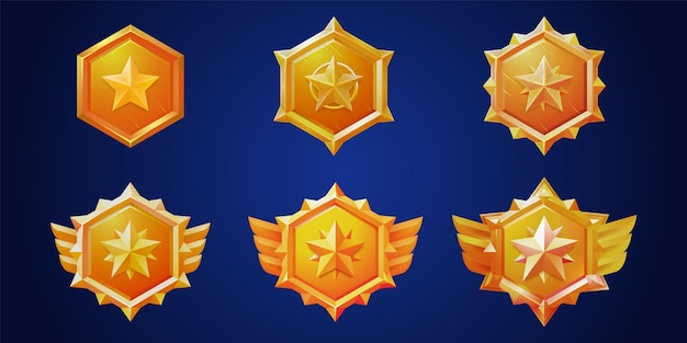 Conjunto de vector de icono de interfaz de usuario de medalla de rango de insignia de juego de oro