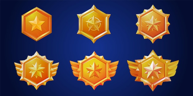 Vector gratuito conjunto de vector de icono de interfaz de usuario de medalla de rango de insignia de juego de oro