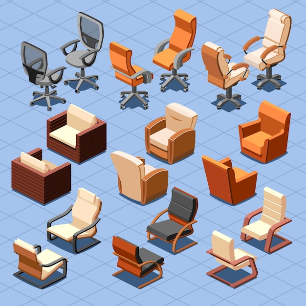 Conjunto de vector isométrico de silla y sillón. Muebles de sillón interior de silla, silla isométrica, sillón de asiento comercial o ilustración de hogar