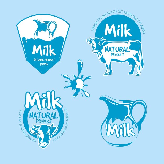 Conjunto de vector de logotipo de productos lácteos y leche. Ilustración orgánica de bebida natural fresca