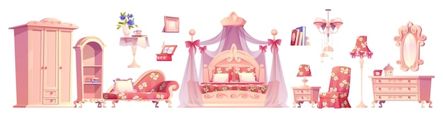 Conjunto de vector de muebles de habitación de princesa de dormitorio rosa