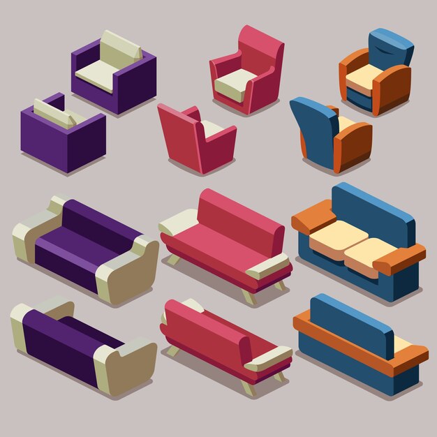 Conjunto de vector de muebles isométricos de sala de estar. Sofá y sillones. Interior del sofá, muebles de sillón, sofá isométrico y sillón ilustración