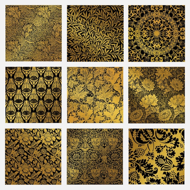 Conjunto de vector de patrón botánico dorado vintage remix de obra de arte de William Morris