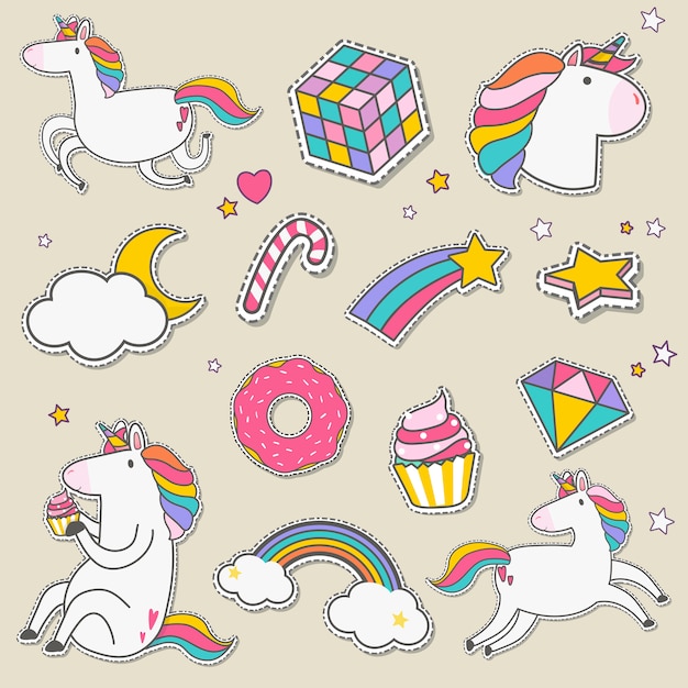 Conjunto de vector de pegatinas de unicornio