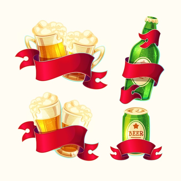 Vector gratuito conjunto de vectores aislado ilustraciones de dibujos animados vasos de cerveza, botella de vidrio, aluminio puede con cinta roja.