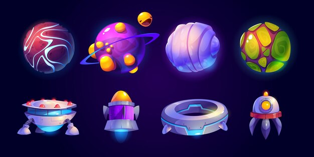 Conjunto de vectores aislados de naves espaciales y planetas alienígenas