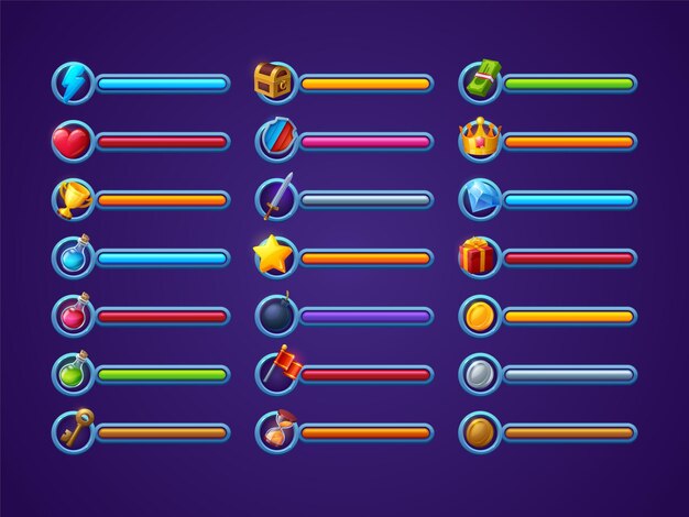 Conjunto de vectores de barras de progreso del juego interfaz de dibujos animados ui