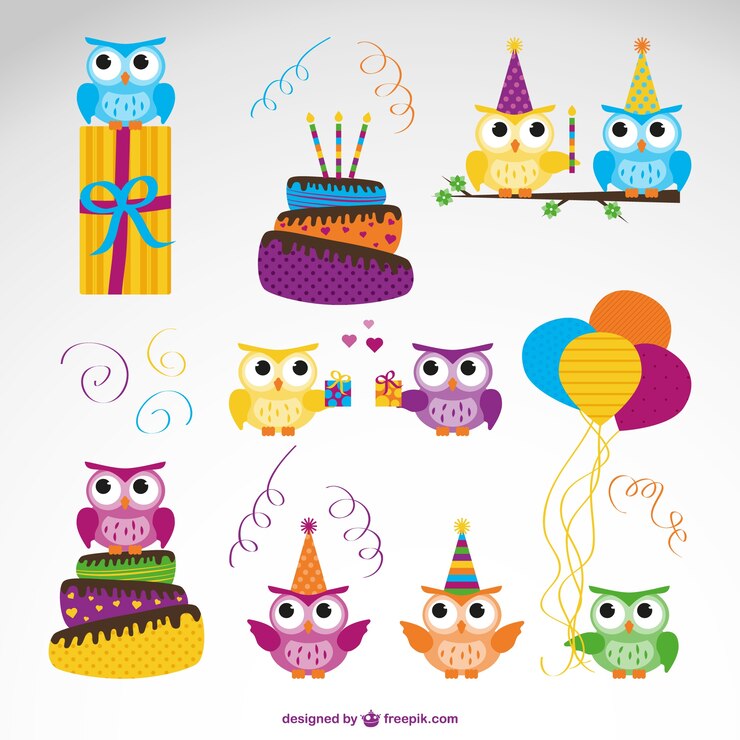 Vector gratuito conjunto de vectores de búhos de cumpleaños