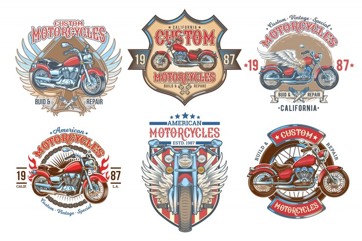 Vector gratuito conjunto de vectores de color vintage insignias, emblemas con una motocicleta personalizada