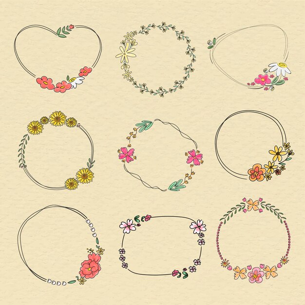 Conjunto de vectores de corona de flores dibujadas a mano