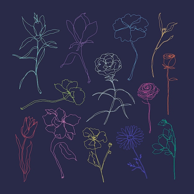 Conjunto de vectores dibujados a mano de flores arte colorido de una sola línea