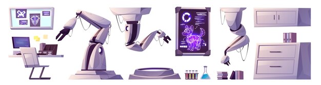 Conjunto de vectores de dibujos animados de robots y muebles de laboratorio Investigación científica en lan con tecnología médica y química para experimentos de transformadores de perros Máquina de nanotecnología en fábrica para modificación