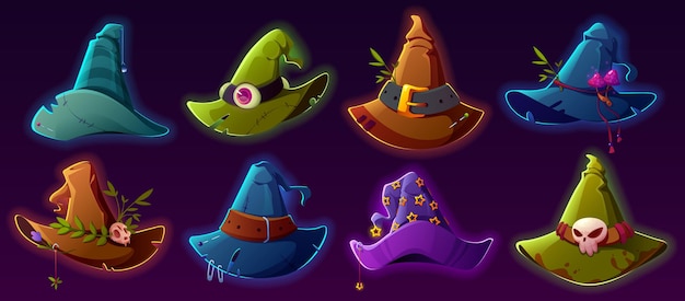 Vector gratuito conjunto de vectores de dibujos animados de sombreros de bruja sombreros de mago