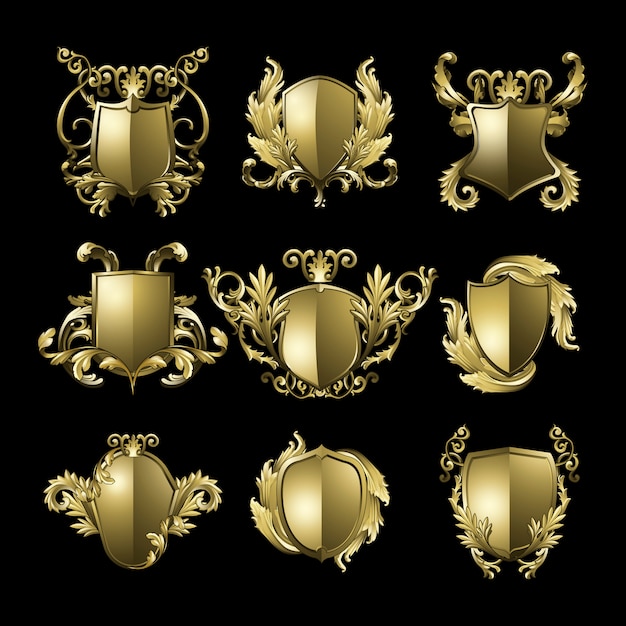 Conjunto de vectores de elementos de escudo barroco dorado
