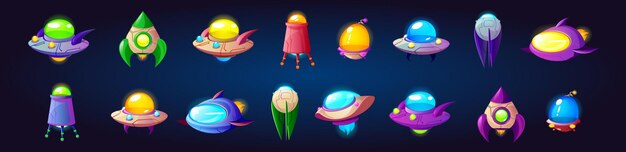 Conjunto de vectores de iconos de juego de OVNI de nave espacial alienígena
