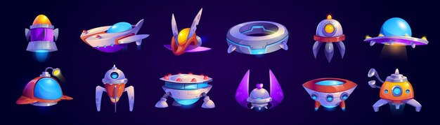Conjunto de vectores de iconos de juego de OVNI de nave espacial alienígena