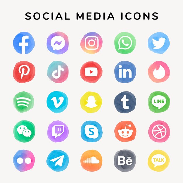 Conjunto de vectores de iconos de redes sociales acuarela con Facebook, Instagram, Twitter, TikTok, YouTube, etc.