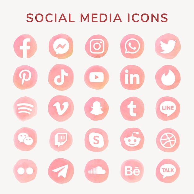 Conjunto de vectores de iconos de redes sociales acuarela con facebook, instagram, twitter, tiktok, youtube, etc.