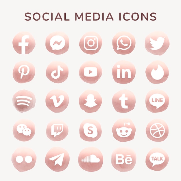 Conjunto de vectores de iconos de redes sociales acuarela con Facebook, Instagram, Twitter, TikTok, YouTube, etc.