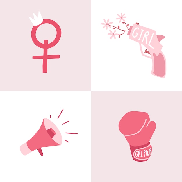 Conjunto de vectores de insignia feminista rosa