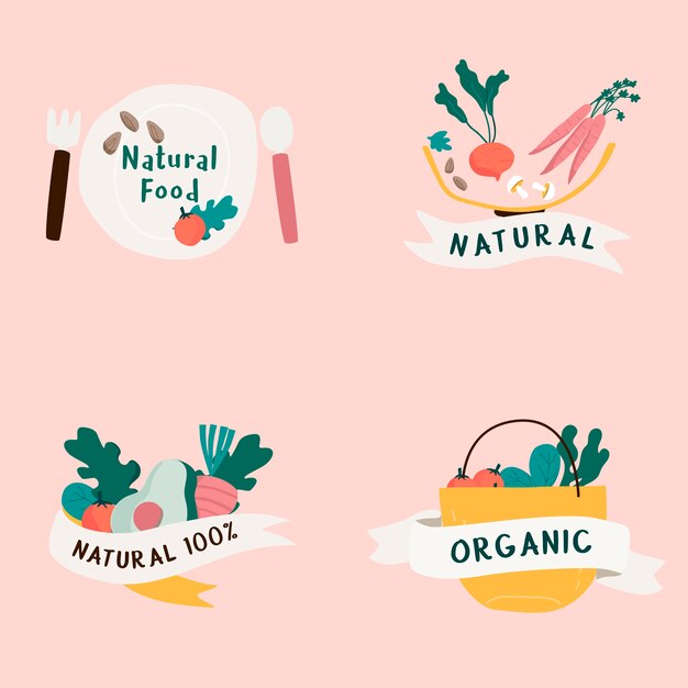 Conjunto de vectores de insignias de alimentos naturales y orgánicos.