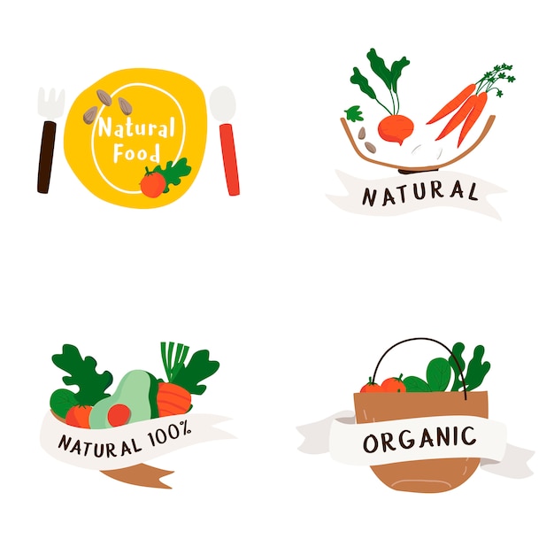 Vector gratuito conjunto de vectores de insignias de alimentos naturales y orgánicos.