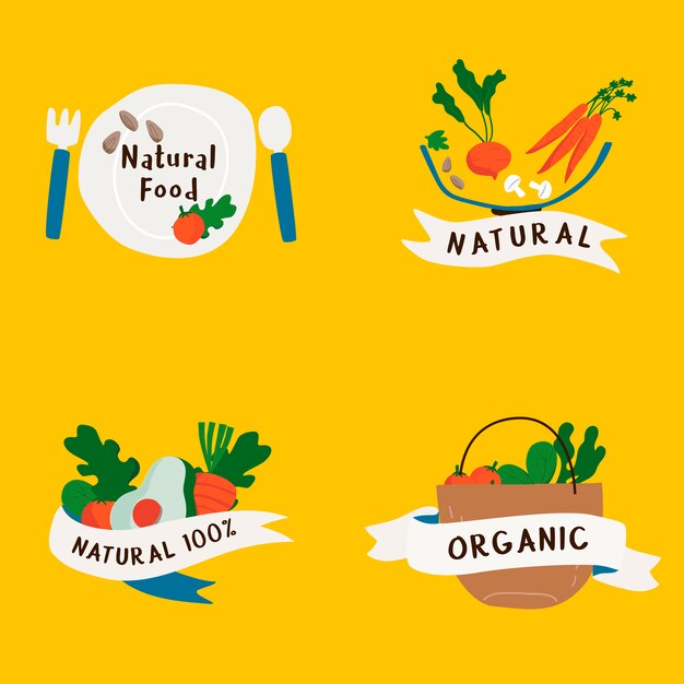 Conjunto de vectores de insignias de alimentos naturales y orgánicos.