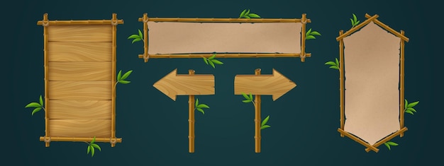 Conjunto de vectores de interfaz de usuario de juego de marco de tablero de letrero de bambú de madera