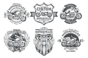 Vector gratis conjunto de vectores negro vintage insignias, emblemas con una motocicleta personalizada