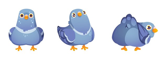 Conjunto de vectores de palomas divertidas dibujos animados de personajes de paloma