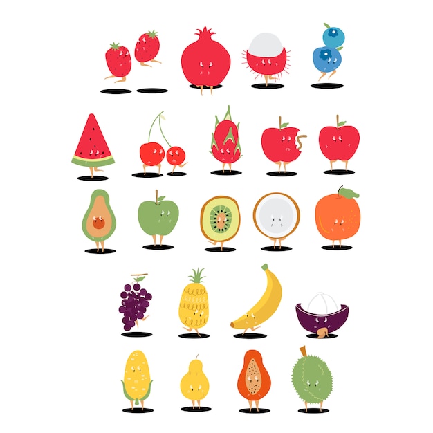 Conjunto de vectores de personajes de dibujos animados de frutas tropicales