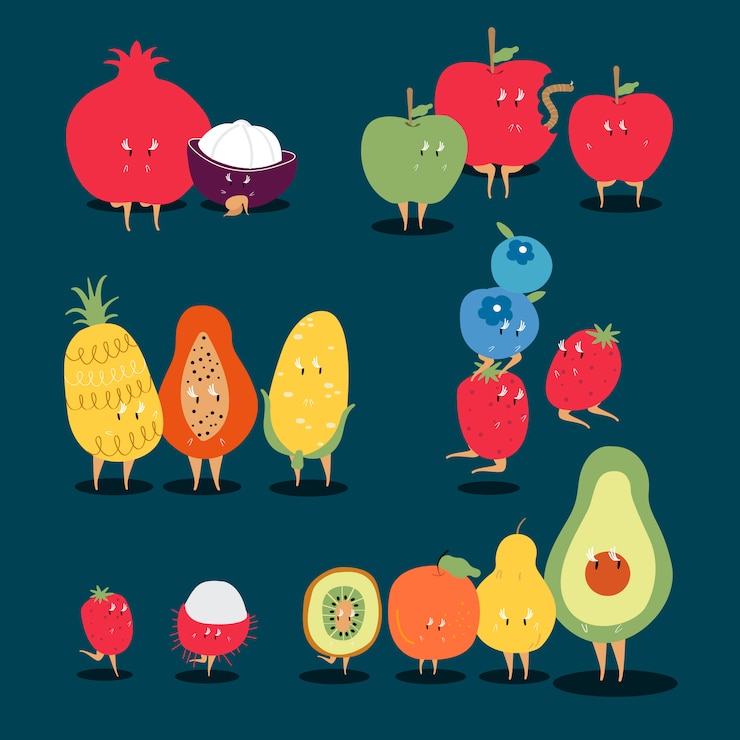 Vector gratuito conjunto de vectores de personajes de dibujos animados de frutas tropicales