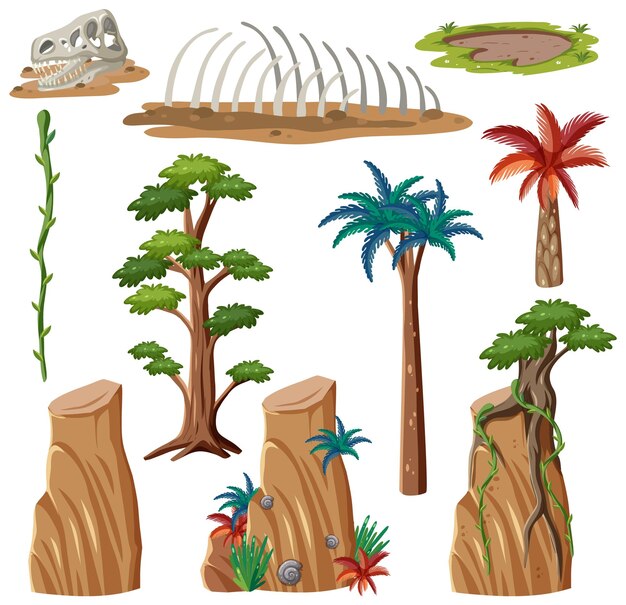 Conjunto de vectores de plantas y árboles prehistóricos