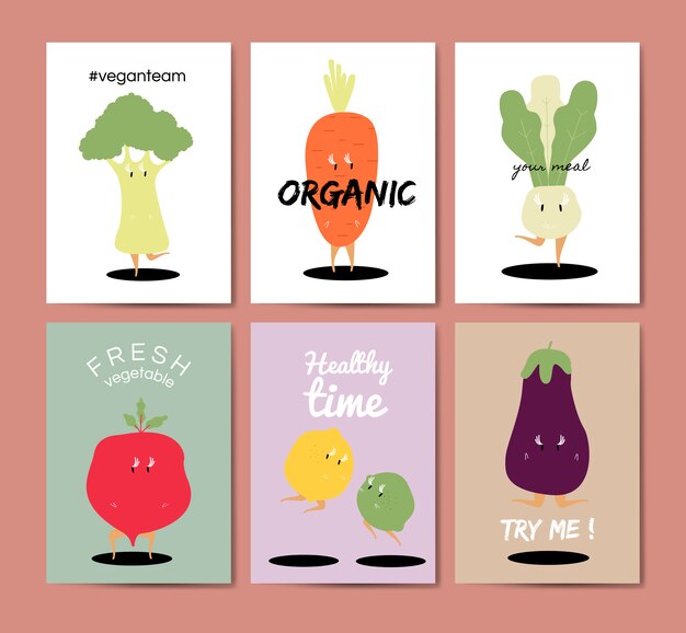 Conjunto de vectores de tarjetas de felicitación de dibujos animados vegetales
