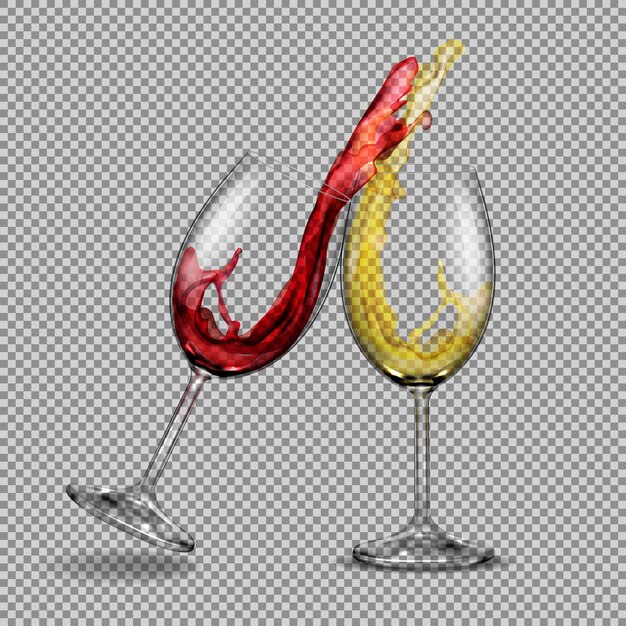 Conjunto de vectores transparentes con copas de vino blanco y rojo con un chapoteo de ellos