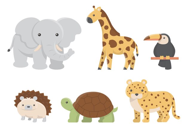 Conjunto de vectores de varios animales de dibujos animados aislado sobre fondo blanco