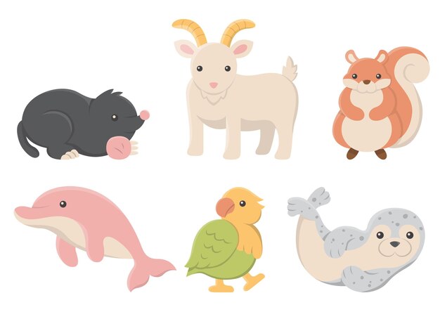 Conjunto de vectores de varios animales de dibujos animados aislado sobre fondo blanco