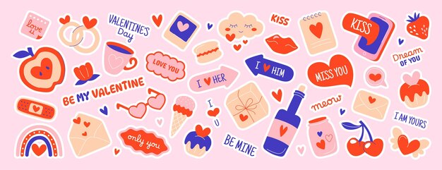 Conjunto vectorial de bonitas pegatinas para el día de San Valentín para el planificador diario cuaderno diario etiquetas libro de recortes