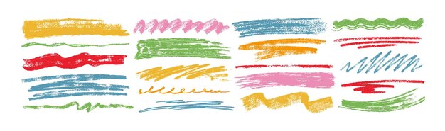 Conjunto vectorial de colores dibujados a mano con carbón, subrayados, garabateados, pinceladas o líneas en negrita
