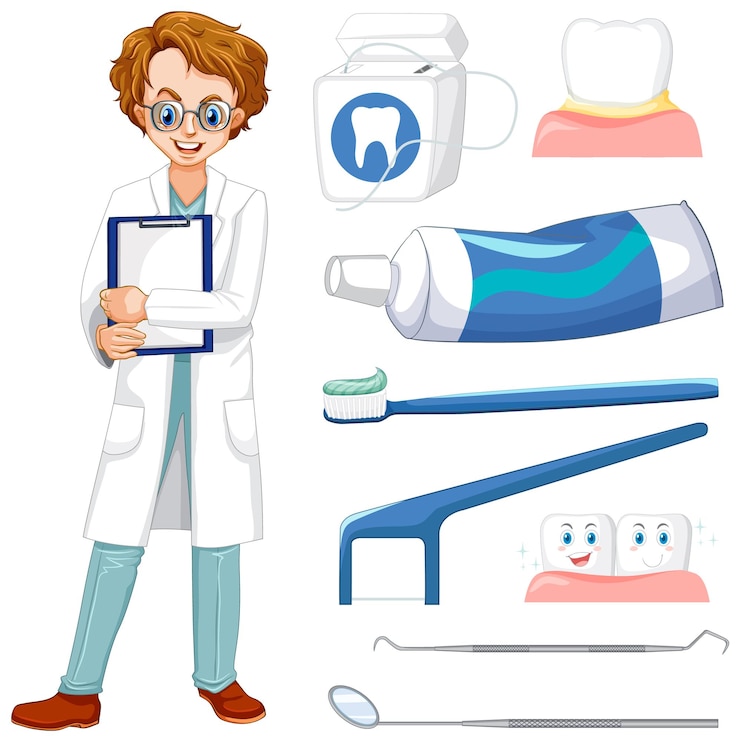 Vector gratuito conjunto vectorial de dentistas sonrientes y elementos dentales