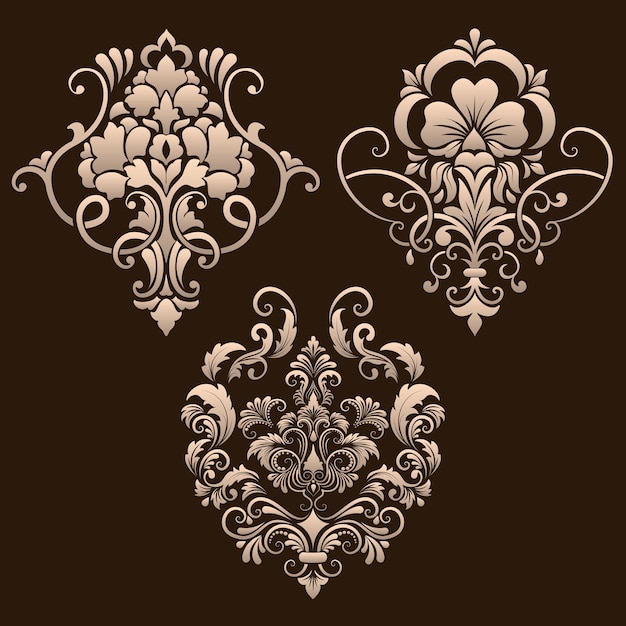 Conjunto vectorial de elementos ornamentales de damasco Elementos abstractos florales elegantes para el diseño Perfecto para tarjetas de invitación, etc.