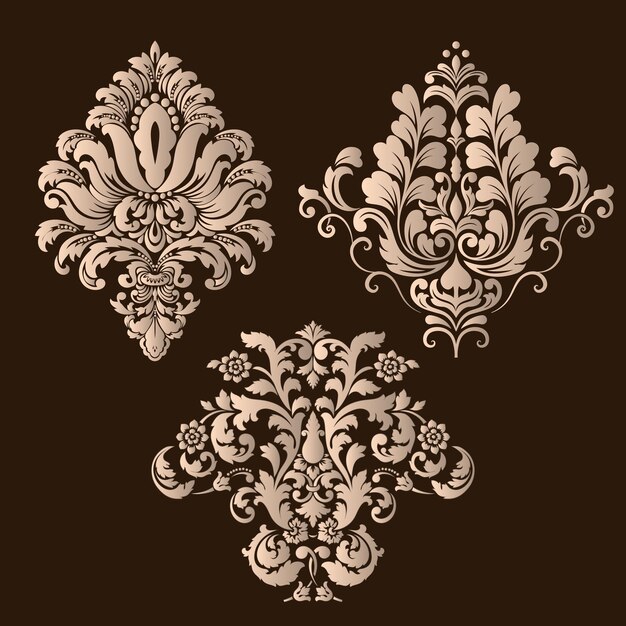 Conjunto vectorial de elementos ornamentales de damasco Elementos abstractos florales elegantes para el diseño Perfecto para tarjetas de invitación, etc.