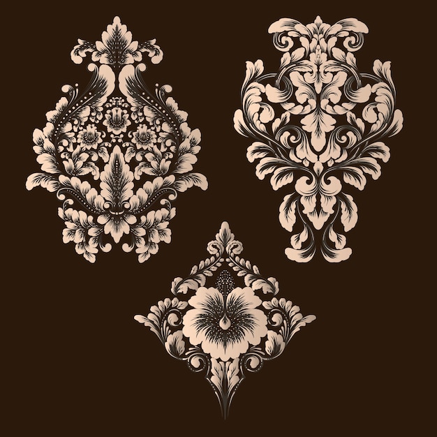 Conjunto vectorial de elementos ornamentales de damasco Elementos abstractos florales elegantes para el diseño Perfecto para tarjetas de invitación, etc.