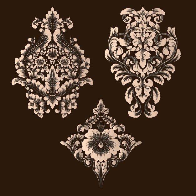Conjunto vectorial de elementos ornamentales de damasco Elementos abstractos florales elegantes para el diseño Perfecto para tarjetas de invitación, etc.